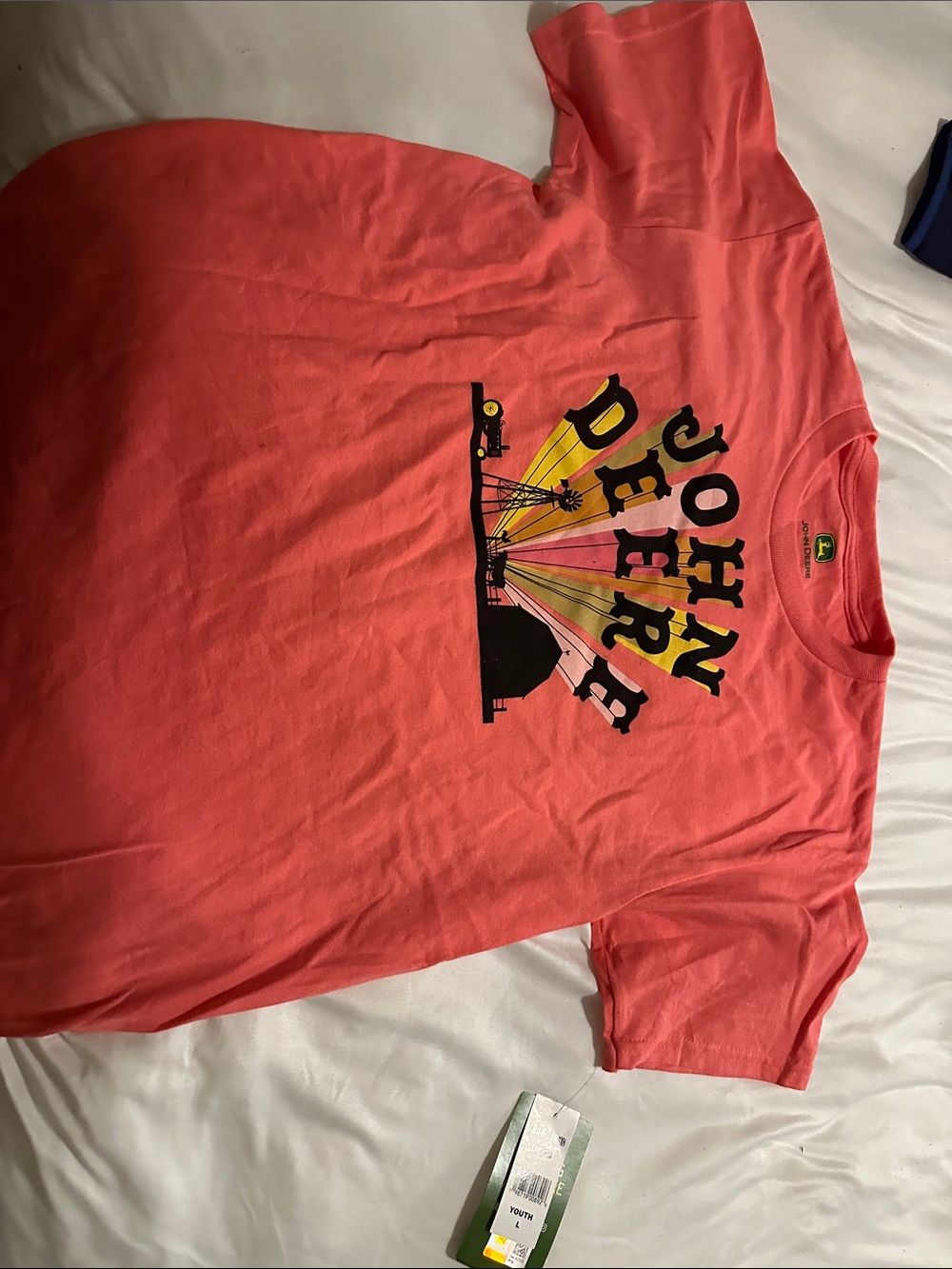 John Deere Coral Tee with Yellow & Black Farm Graphic